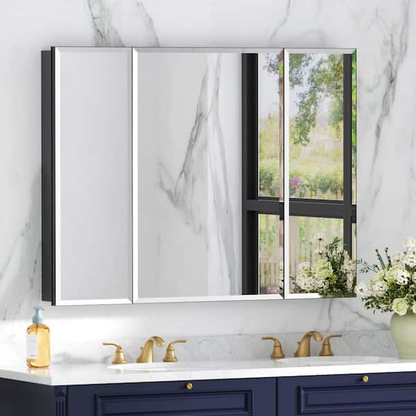 HBEZON 40 in. W x 30 in. H Beveled Rectangular Aluminum Medicine Cabinet with Mirror, Adjustable Shelves, Interior Mirror