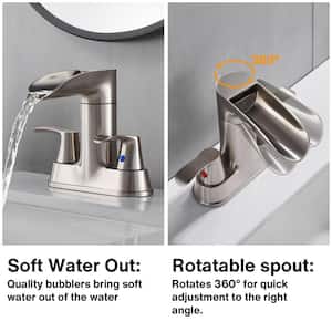 Rotatable 4 in. Centerset Double Bathroom Faucet with Drain kit Included Waterfall Lavatory in Brushed Nickel