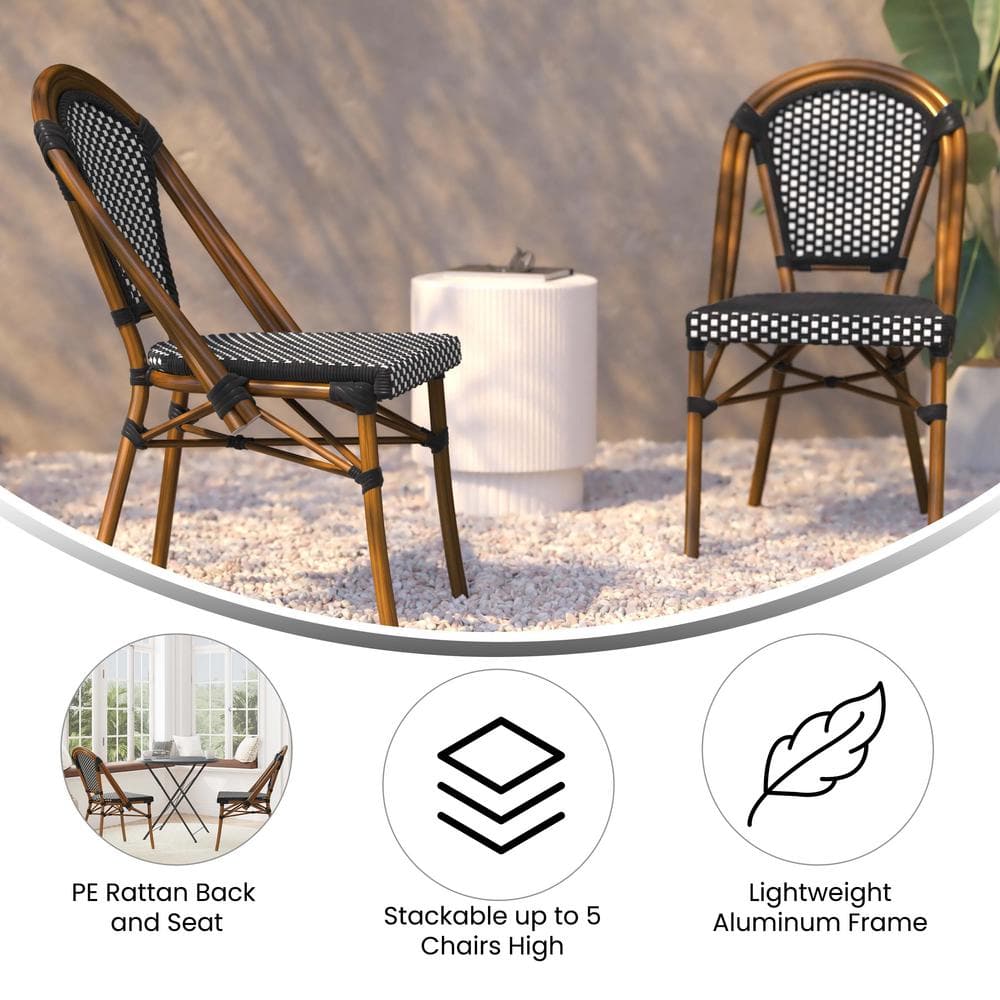 Black and White PE Rattan Armless Bistro Chairs with Bamboo Print Frame, Set of 2