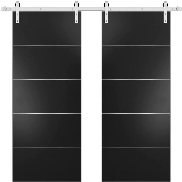 Sartodoors 0020 36 in. x 96 in. Flush Black Finished Wood Barn Door Slab with Hardware Kit Stailess