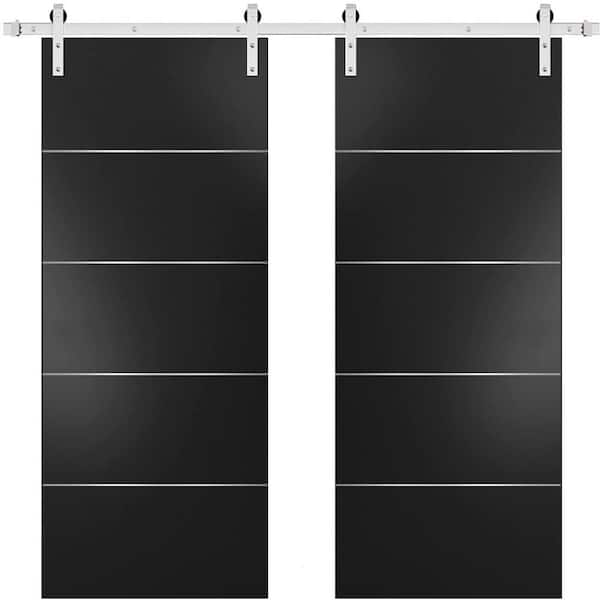 Sartodoors 0020 36 in. x 96 in. Flush Black Finished Wood Barn Door Slab with Hardware Kit Stailess