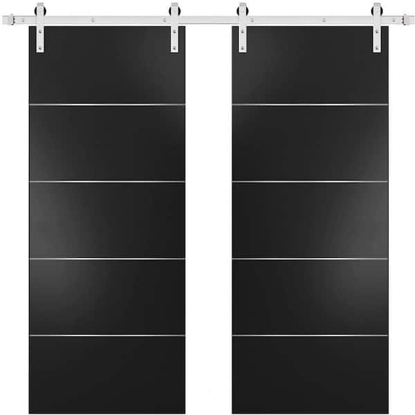0020 60 in. x 80 in. Flush Black Finished Wood Barn Door Slab with Hardware Kit Stailess