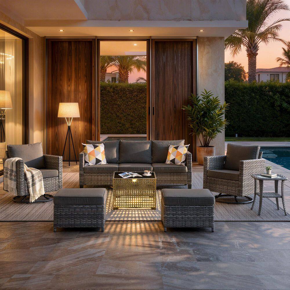 New Vultros Gray 7-Piece Wicker Outdoor Patio Conversation Set with Black Cushions and Solar LED Coffee Table price history on PriceWatchPro