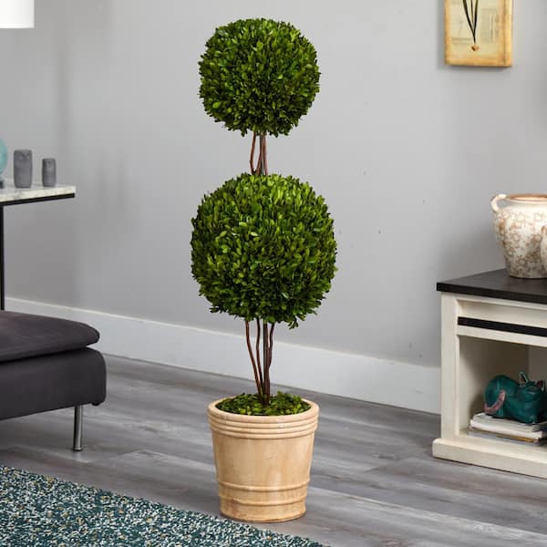 Nearly Natural 4 ft. Preserved Boxwood Double Ball Artificial Topiary Tree in Planter