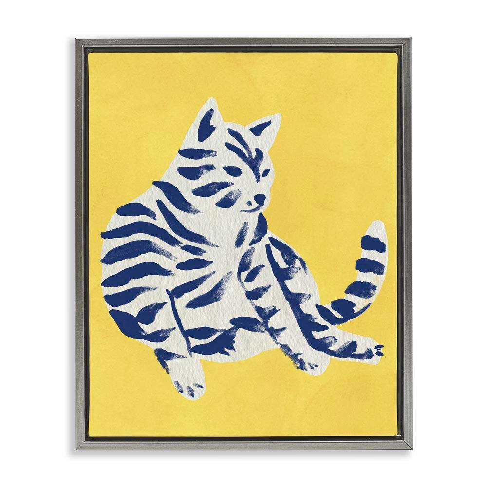 Unique Bright Cat on Yellow by June Erica Vess Gray Floater Frame Animal Graphic Art Print 31 in. x 25 in. price history on PriceWatchPro