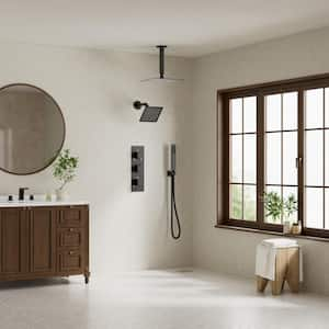 Thermostatic 5-Spray 12 in. Ceiling Mount Dual Shower Head and Handheld Shower in Matte Black (Valve Included)