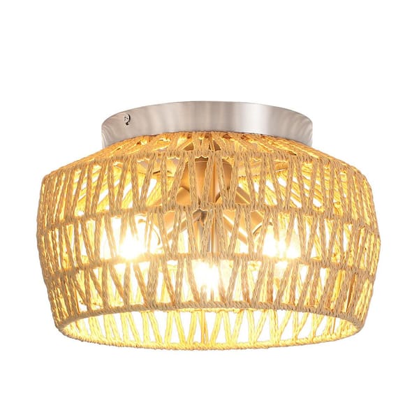 ADSENSTY 12.59 in. 3-Light Nickel Semi-Flush Mount With Hemp Ropes Shade and No Bulbs Included