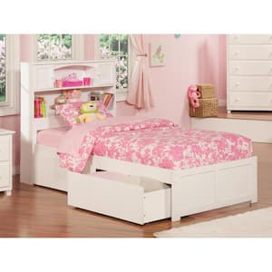 Newport White Twin XL Solid Wood Storage Platform Bed with Flat Panel Foot Board and 2 Bed Drawers