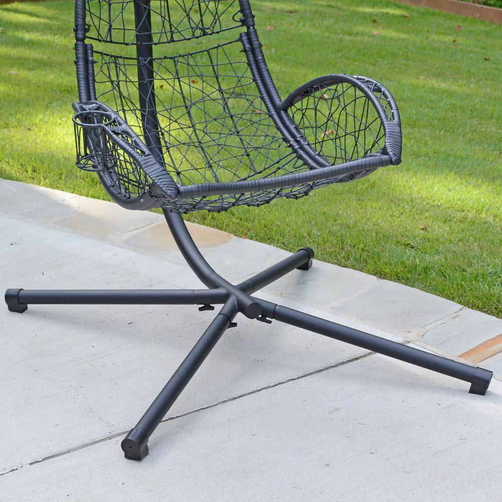 Blue Cushioned Rattan Wicker Hanging Chair with Stand