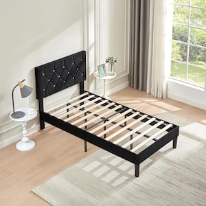 Upholstered Bed, Platform Bed with Adjustable Headboard, Wood Slat Support, No Box Spring Needed, Twin Black Bed Frame