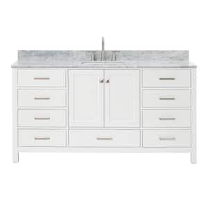 Cambridge 67 in. W x 22 in. D x 36 in. H Bath Vanity in White with Carrara White Marble Top with White Basin