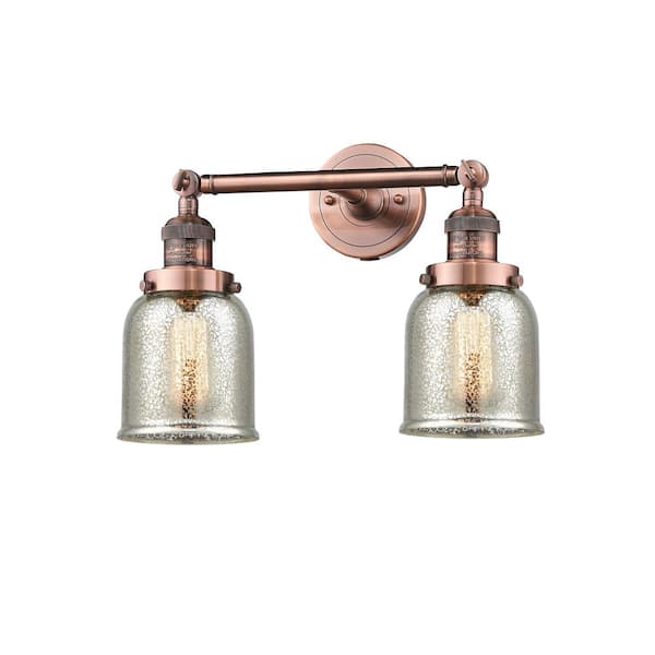 Innovations Bell 15 in. 2 Light Silver Plated Mercury, Antique Copper Vanity Light with Silver Glass Shade