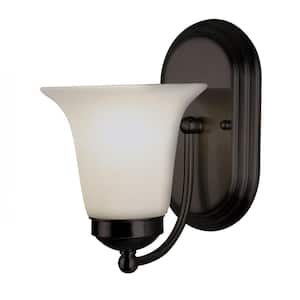 Cabernet Collection 1-Light Oiled Bronze Indoor Wall Sconce Light Fixture with White Marbleized Shade