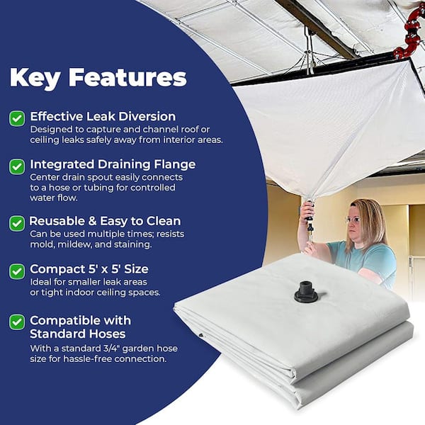 TarpsNow 5 ft. x 10 ft. White Ceiling Leak Drain Plastic Tarp - Deep  Flange, D-Rings, Heavy Duty Waterproof Rain Diverter DTP12WB-0510