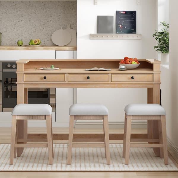 Harper & Bright Designs 4-Piece Natural Dining Bar Table Set with Drawers, USB Charging Station and 3-Upholstered Stools