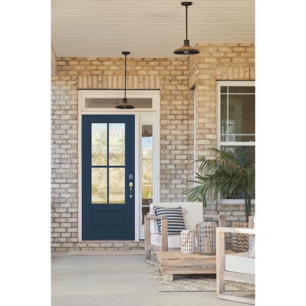 36 in. x 80 in. Left-Hand 4 Lite Clear Glass Revival Blue Painted Fiberglass Prehung Front Door with Brickmould