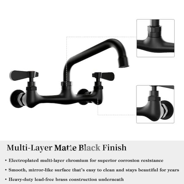 Double Handles Wall Mount Modern Standard Kitchen Faucet with 8 Inch Swivel Spout 8" Center in Matte Black