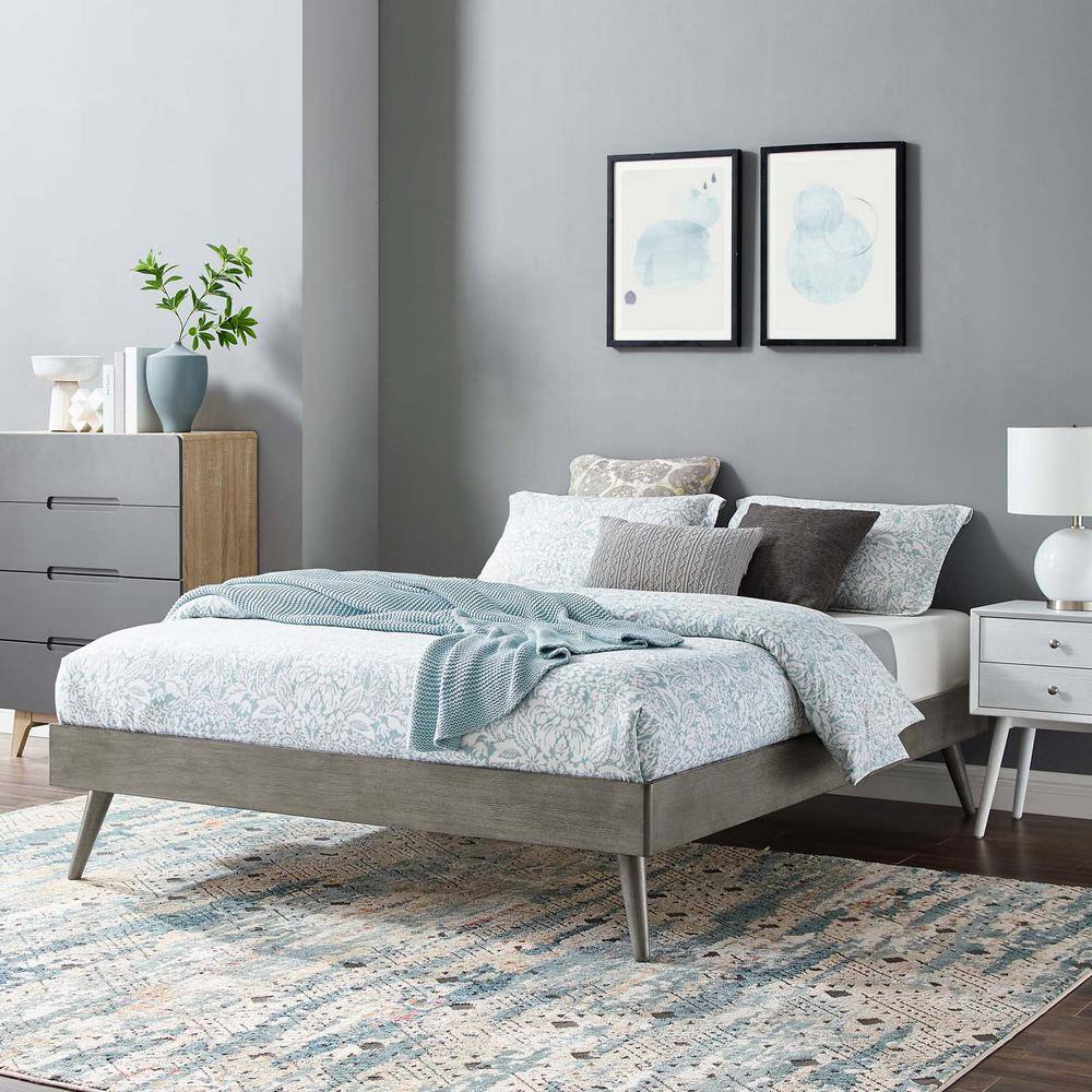 Margo Mid-Century Gray Queen Platform Bed with Wood Slats