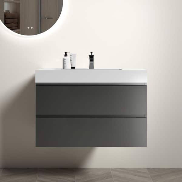 INSTER NOBLE 36 in. W x 18 in. D x 25 in. H Single Sink Floating Bath Vanity in Gray with White Solid Surface Top (No Faucet)