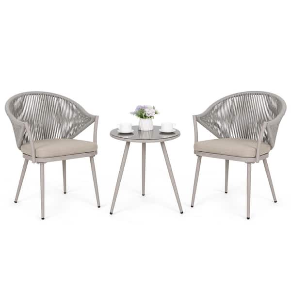 3-Piece Woven Rope Aluminum Patio Conversation Set Outdoor Bistro Set with Beige Cushion