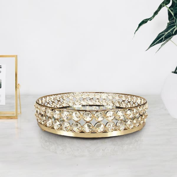 LIVING LUXURY 10 in. Gold Luxury Crystal Bead Round Metal Mirror Decorative Tray