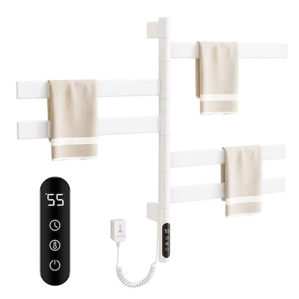 EPOWP 5 Bar Wall Mounted Plug-in/Hardwired Towel Warmer Rotating Heated Rack in White with Intelligent Touch Screen Timer