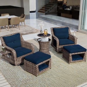 5-Piece Brown Wicker Patio Conversation Set with Navy Blue Cushions, Pet House Cool Bar and Retractable Side Tray