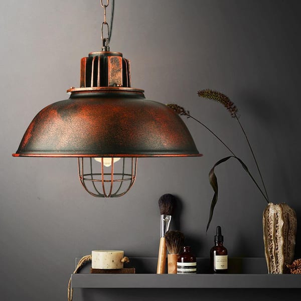 OUKANING 1-Light Rust Retro Farmhouse Industrial Cage Pendant