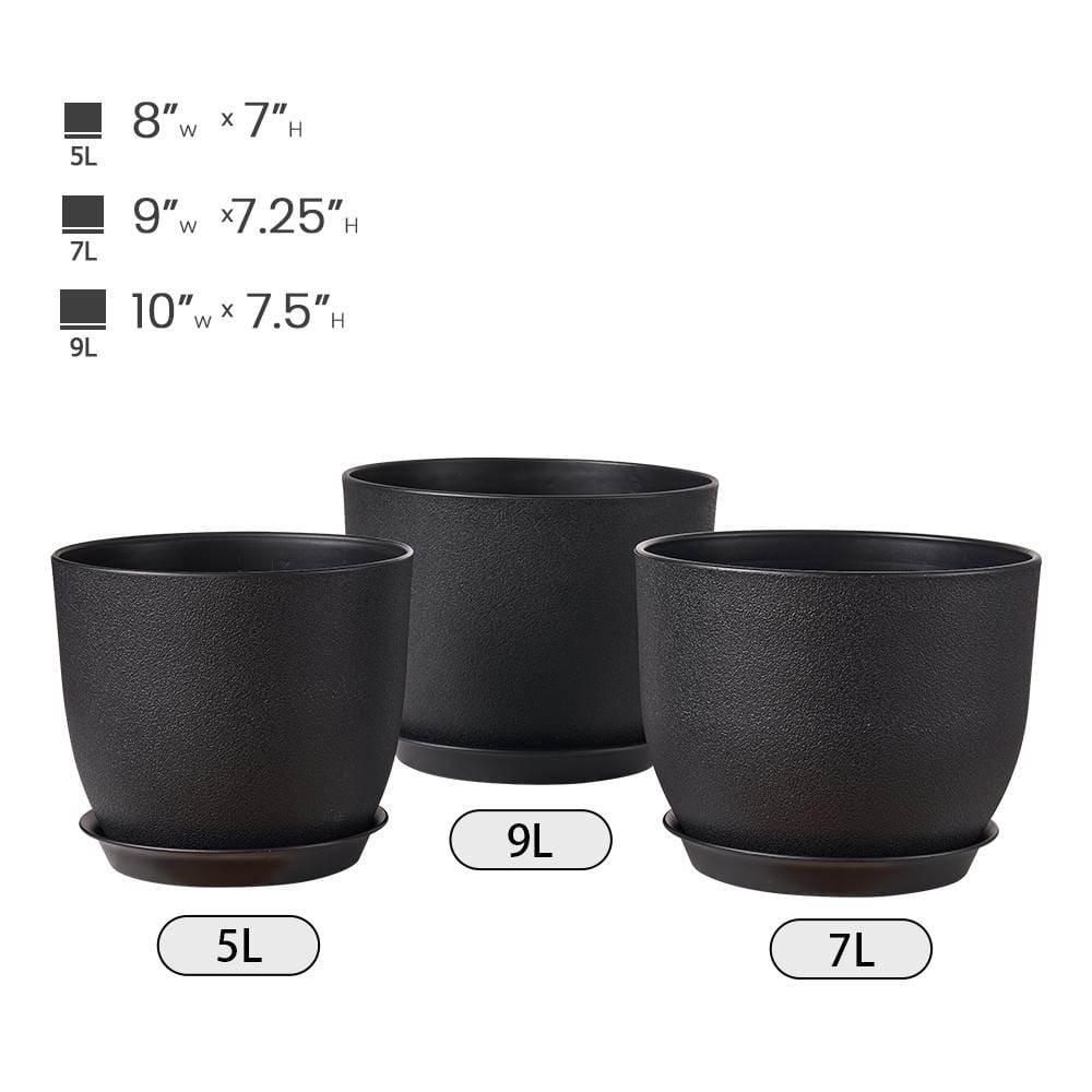Black Plastic Round Planter Set with Drainage Holes, 10/9/8 inch