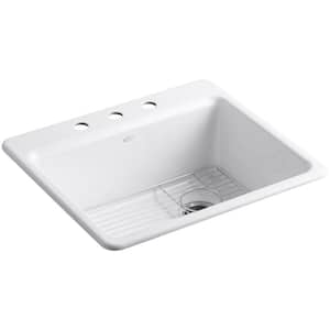 Riverby Drop-In Cast-Iron 25 in. 3-Hole Single Basin Kitchen Sink Kit with Basin Rack in White