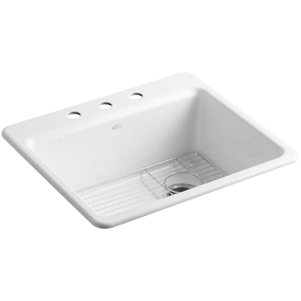 KOHLER Riverby Drop-In Cast-Iron 25 in. 3-Hole Single Basin Kitchen Sink Kit with Basin Rack in White