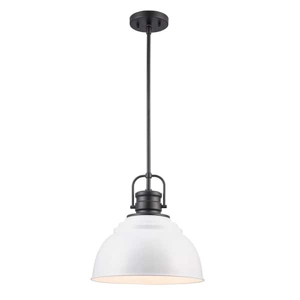 Home Decorators Collection Shelston 13 in. 1-Light Black and White Farmhouse Pendant Light Fixture with Metal Shade