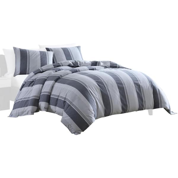 Benjara Kia 2- Piece Gray and Blue Striped Cotton Twin Comforter Set