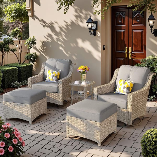 Toject Eureka Grey 5-Piece Modern Wicker Outdoor Patio Conversation Swivel Rocking Chair Seating Set with Dark Grey Cushions