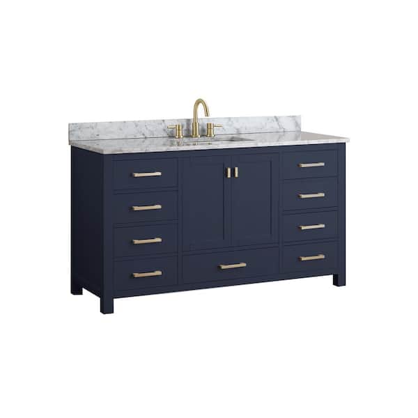 Modero 61 in. Single Sink Navy Blue Bath Vanity with Carrara White Marble Top
