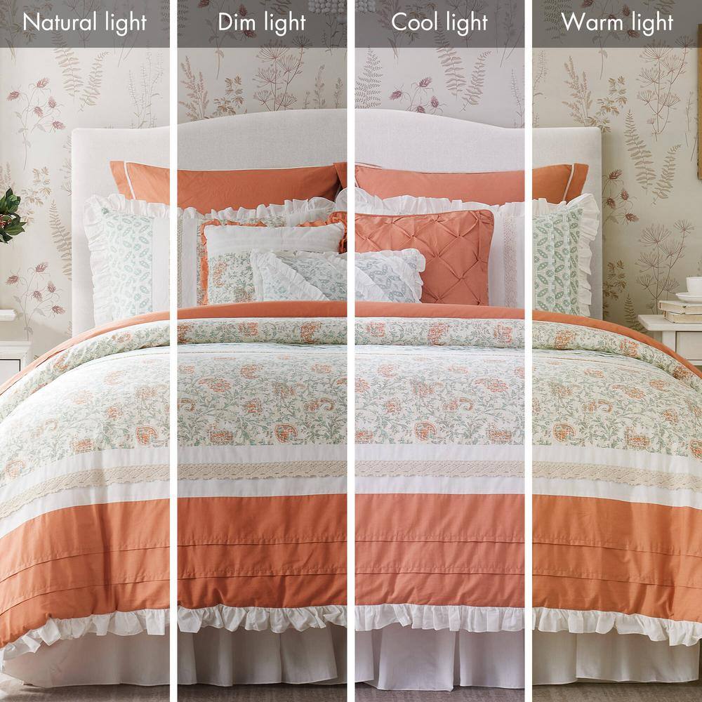 Coral and White Cotton Queen Comforter Set with Floral Print