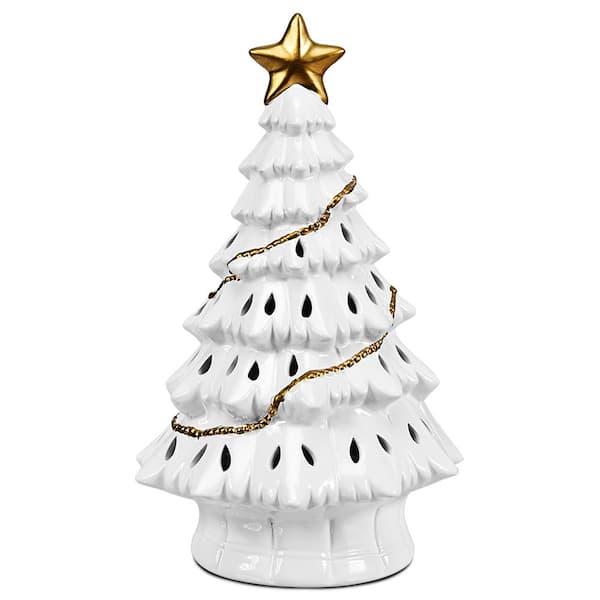 Costway 11 in. Pre-Lit Ceramic Christmas Tree Tabletop Lights White