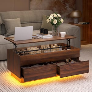 40.16 in. Walnut Rectangle Particle Board Lift Top Coffee Table with RGB LED Light, Hidden Compartment and 2-Drawers