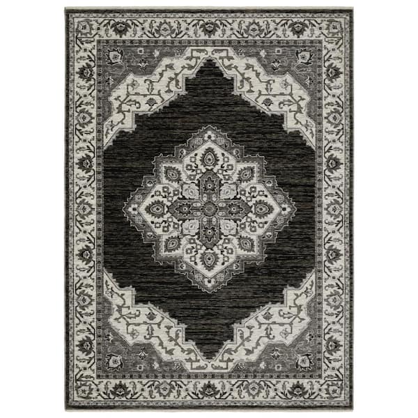 AVERLEY HOME Channing Charcoal/Ivory 2 ft. x 8 ft. Center Oriental Medallion Polyester Fringe Edge Indoor Runner Area Rug