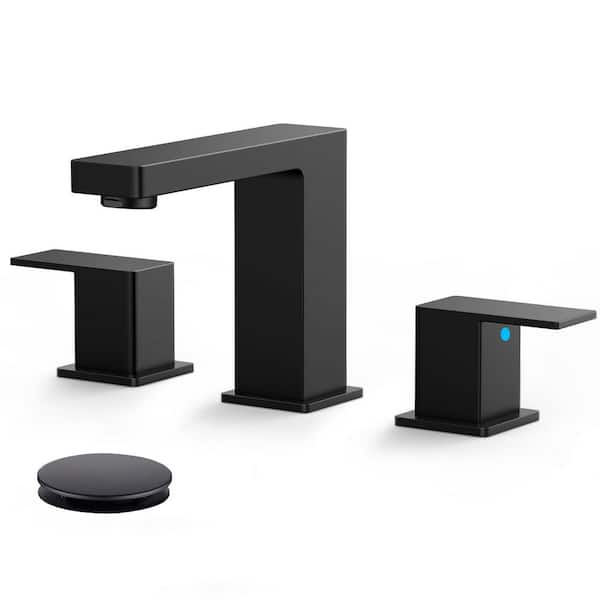 8 in. Widespread Double Handle Bathroom Sink Faucet 3 Hole with Stainless Steel Pop Up Drain and Hose in Matte Black