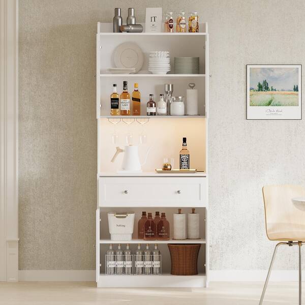 FUNKOL 31.5 in. x 15.75 in. x 70.87 in. White Classic MDF Kitchen Cabinet with Light Charging Stand Microwave Shelf & 1-Drawer