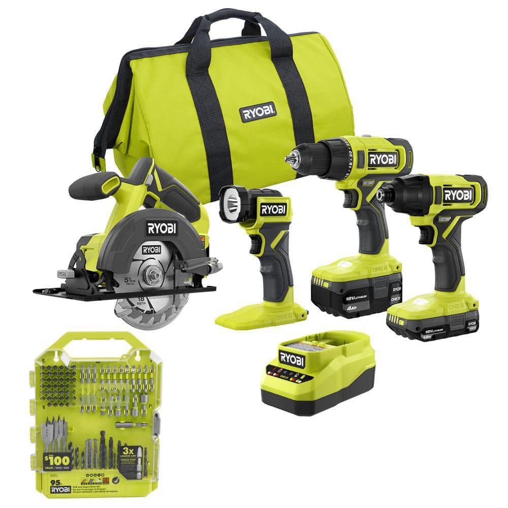 RYOBI ONE+ 18V Cordless 4-Tool Combo Kit with 1.5 Ah Battery, 4.0 Ah Battery, Charger, and Drill & Impact Drive Kit (95-Piece) (CL1400K2A989504)