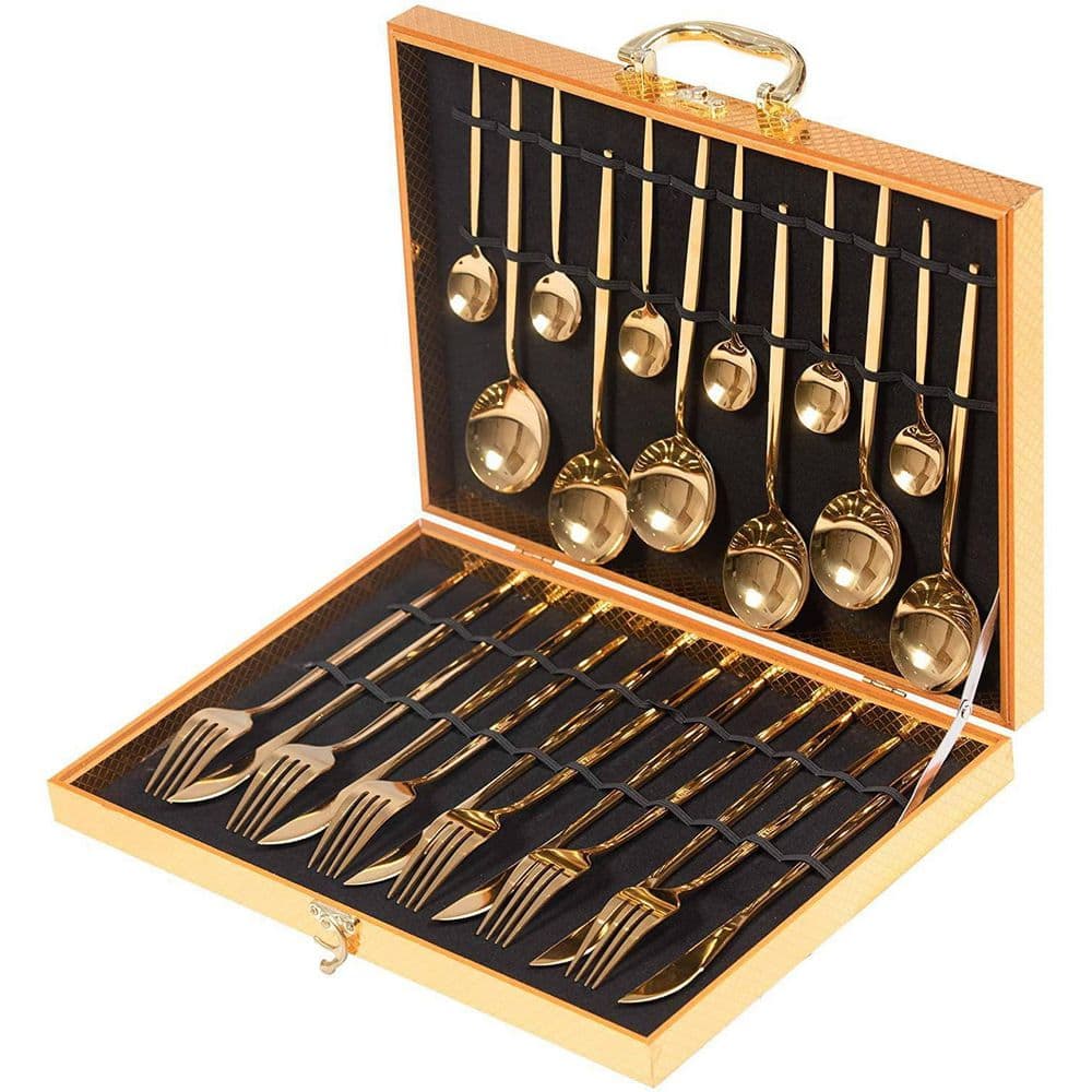 68-piece Gold Silverware Set with Steak Knife, Service for 8, Stainless  Steel flatware Cutlery Set with Metal Straw Drinking Set, Mirror Polished  Fork