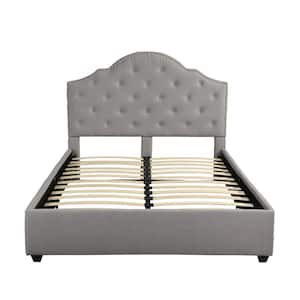 Cordeaux Queen-Size Light Gray Fully Upholstered Bed Frame with Button Tufting and Nailhead Accents