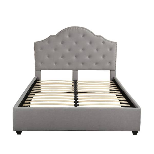 Noble House Cordeaux Queen-Size Light Gray Fully Upholstered Bed Frame with Button Tufting and Nailhead Accents