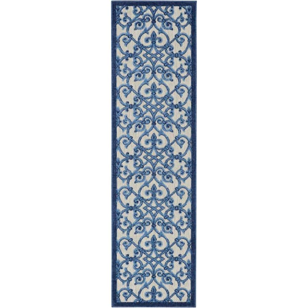 Nourison Aloha Gray/Blue 2 ft. x 6 ft. Kitchen Runner Moroccan Modern Indoor/Outdoor Patio Area Rug