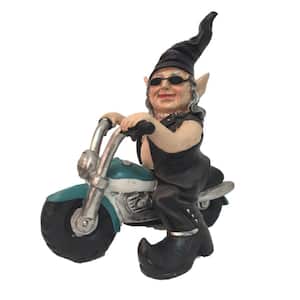 12 in. H Biker Babe the Biker Gnome in Leather Motorcycle Gear Riding Her TEAL Bike Home and Garden Gnome Statue