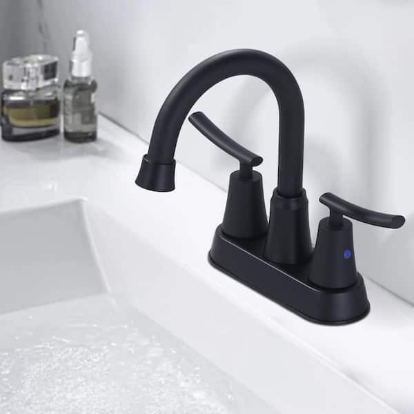 4 in. Centerset Double Handle Bathroom Faucet with Drain Kit Included in Matte Black