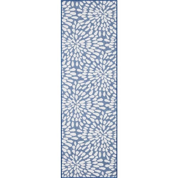 Tayse Rugs Eco Floral Blue 3 ft. x 10 ft. Indoor/Outdoor Runner Rug