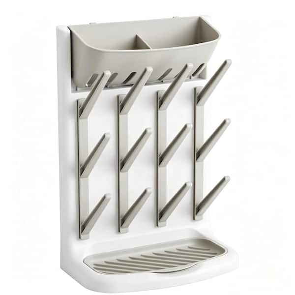 4-Shelf Gray BPA-Free Vertical Baby Bottle Drying Rack with Removable Drip Tray and Accessory Storage Compartment